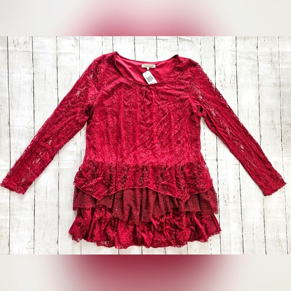 Indigo Soul Burgundy Wine Lace Sequin Flowy Tiered Layered Ruffle Longsleeve Top - Picture 7 of 14
